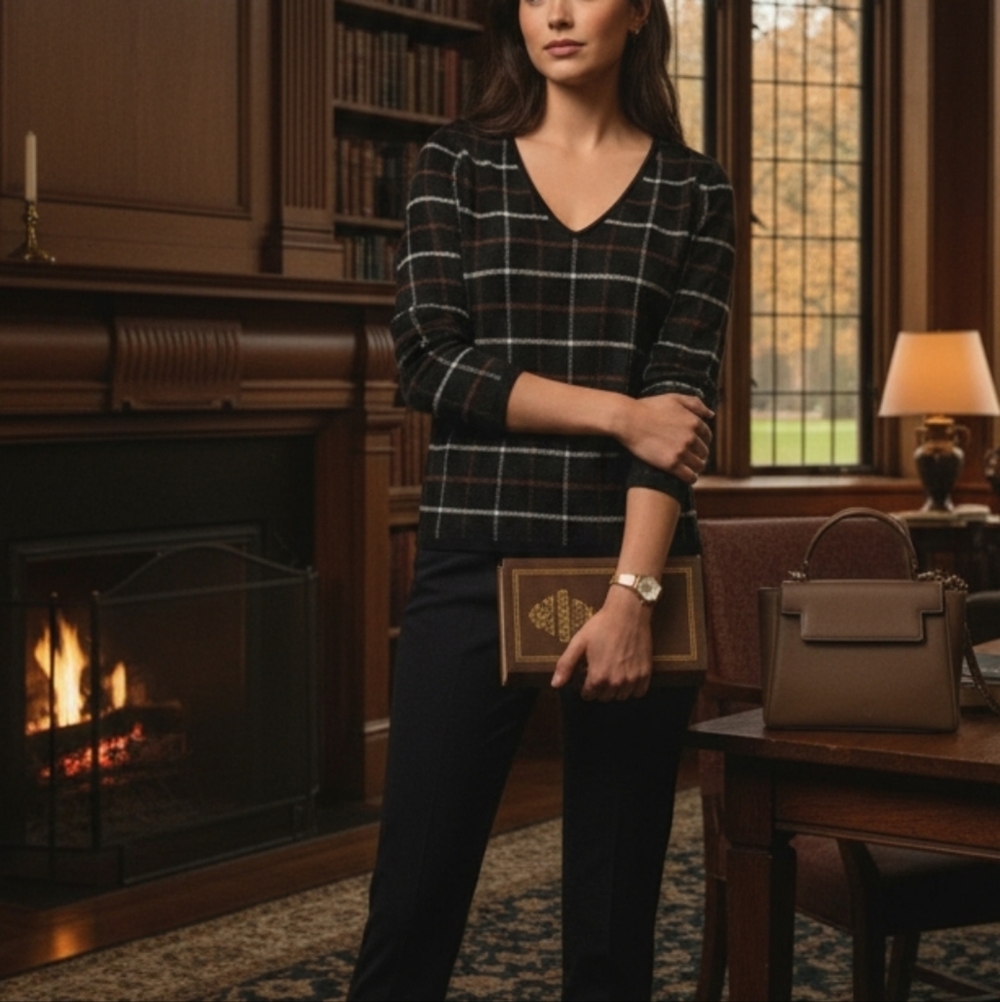 Ann Taylor Window Pane Plaid Slight V-Neck 100% Cotton Knit Sweater‎ Top Medium